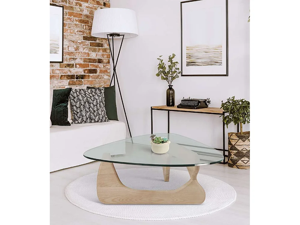 Mesa de centro de 40x110x70 cm con sobre ovalado de cristal y patas en acabado roble Lucy