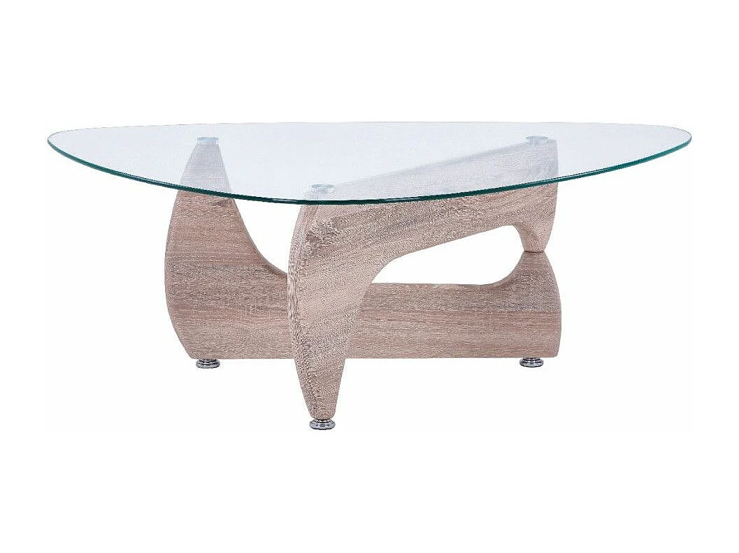 Mesa de centro de 40x110x70 cm con sobre ovalado de cristal y patas en acabado roble Lucy