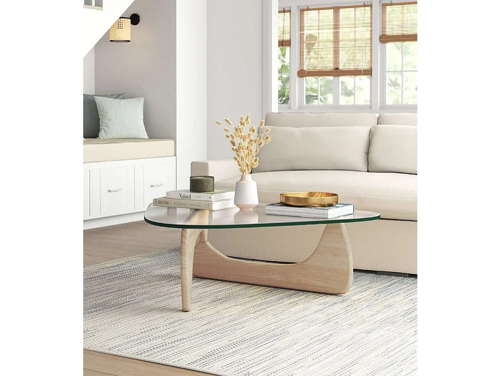 Mesa de centro de 40x110x70 cm con sobre ovalado de cristal y patas en acabado roble Lucy