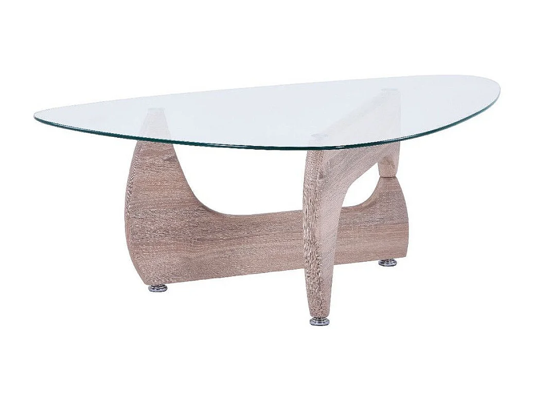 Mesa de centro de 40x110x70 cm con sobre ovalado de cristal y patas en acabado roble Lucy