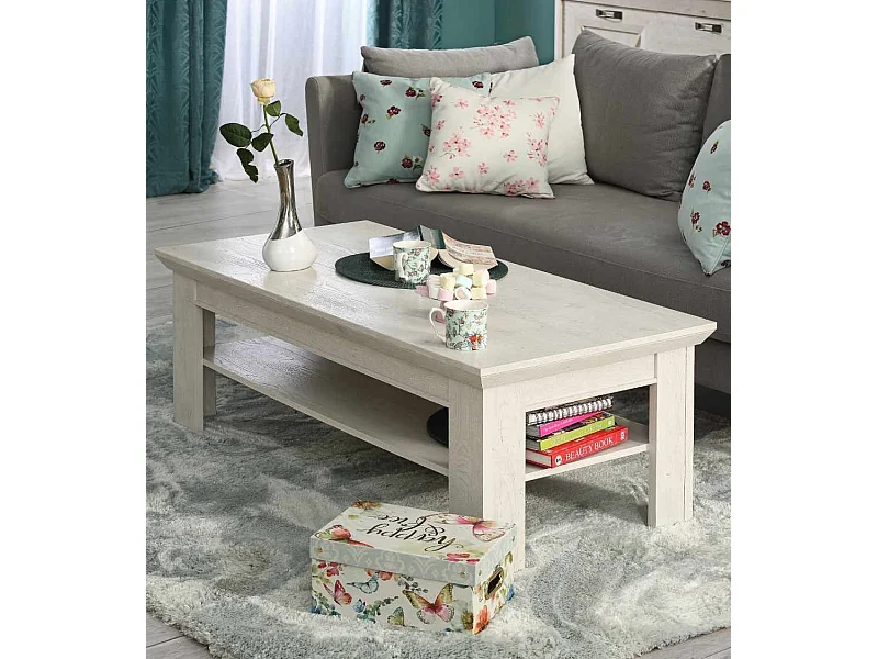 Mesa de centro de 45x120x60 cm en madera de color blanco de diseño rústico moderno Karen