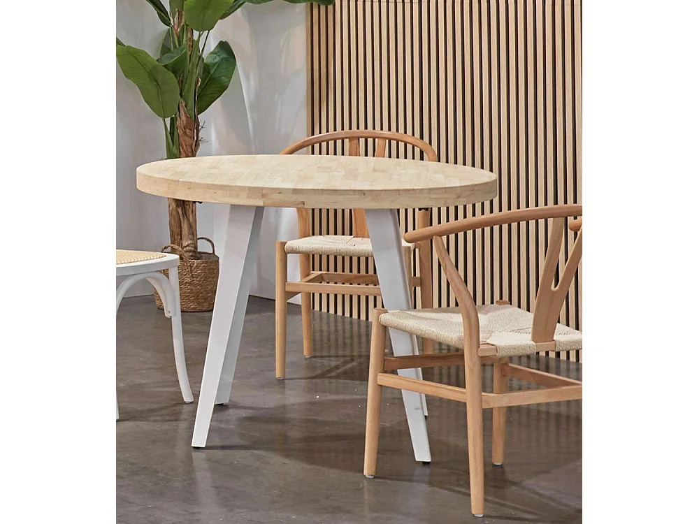 Mesa de comedor o cocina redonda de 76x100x100 cm en color beige y patas blancas Skadi