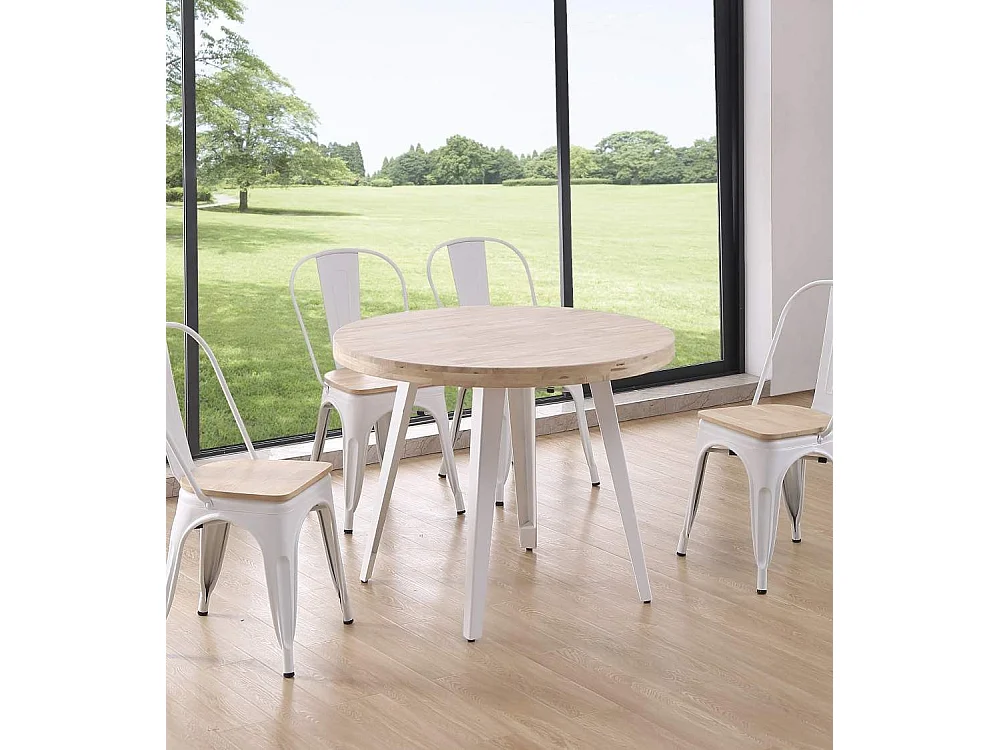 Mesa de comedor o cocina redonda de 76x100x100 cm en color beige y patas blancas Skadi