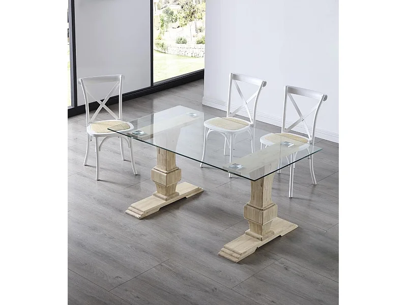 Mesa de comedor de cristal de 76x160x90 cm con patas de madera roble nordish Victoria