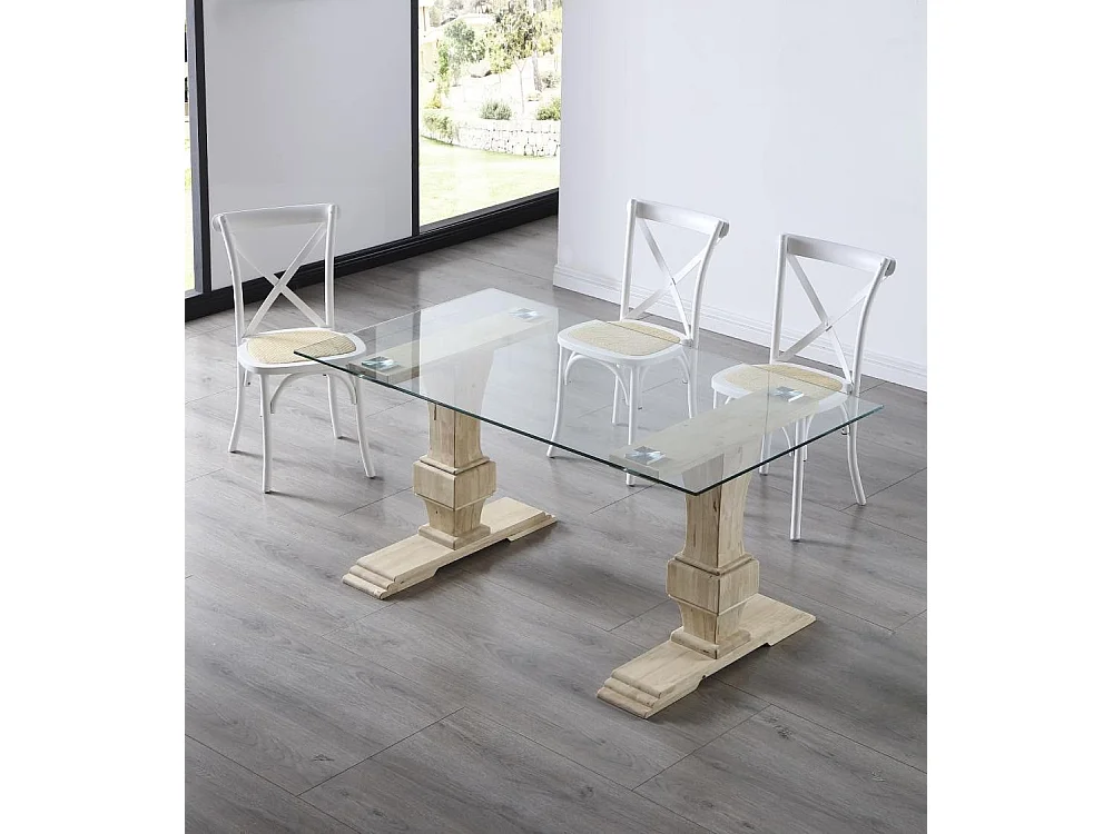 Mesa de comedor de cristal de 76x160x90 cm con patas de madera roble nordish Victoria
