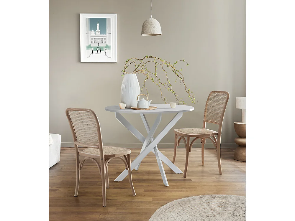 Mesa redonda de comedor o cocina de 75x90x90 cm con sobre en blanco y patas blancas Blake