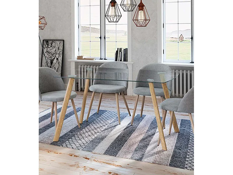Mesa de comedor de cristal templado de 76x140x80 cm con patas metálicas color madera Reka