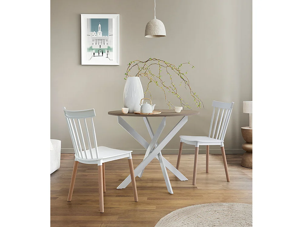 Mesa redonda de comedor o cocina de 75x90x90 cm con sobre en roble y patas blancas Blake