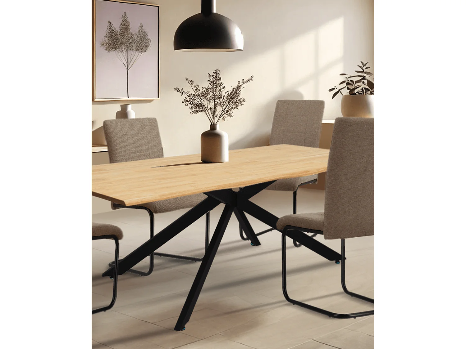 Mesa de comedor de 75x89x159 cm con tablero de madera mazica y patas negras Fraga