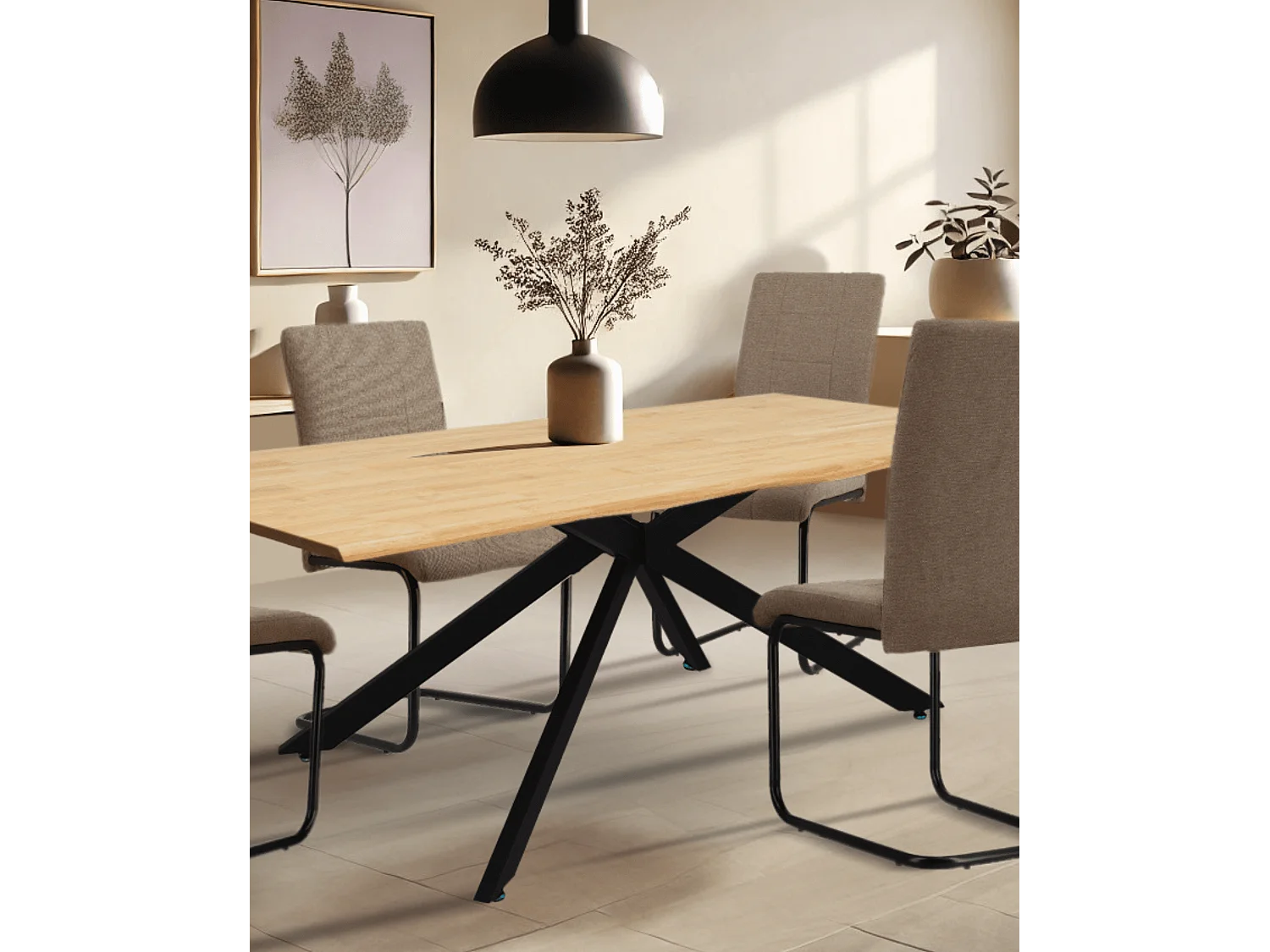 Mesa de comedor de 75x89x159 cm con tablero de madera mazica y patas negras Fraga
