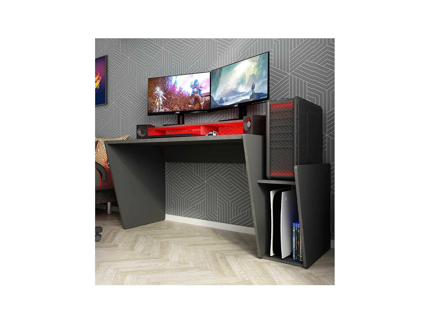 Mesa de escritorio gaming de 86x150x47 cm en color negro con almacenaje y luces LED Touma