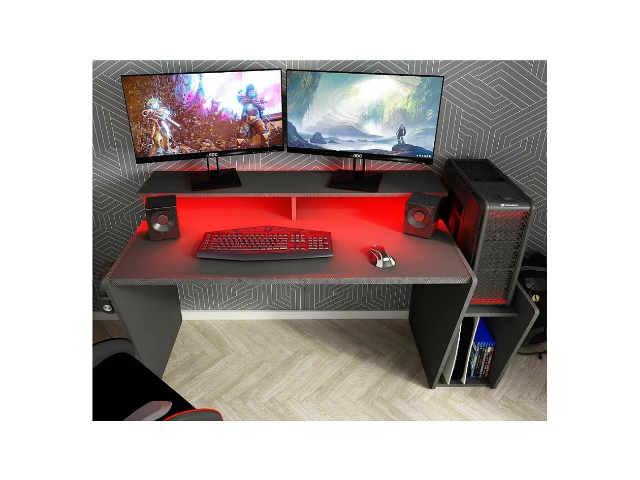 Mesa de escritorio gaming de 86x150x47 cm en color negro con almacenaje y luces LED Touma
