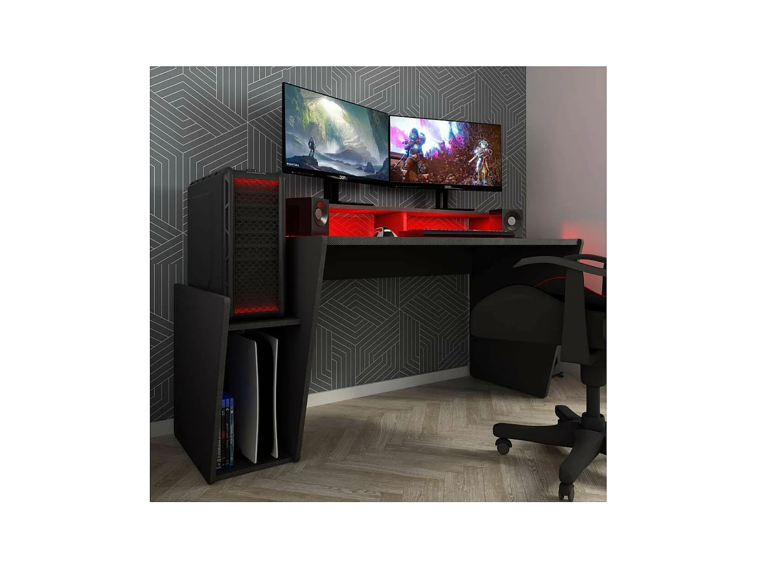 Mesa de escritorio gaming de 86x150x47 cm en color negro con almacenaje y luces LED Touma