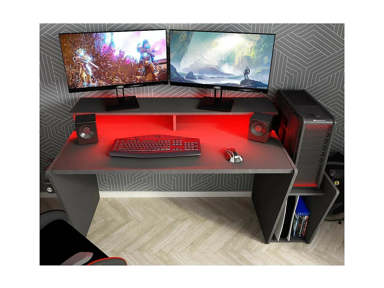 Mesa de escritorio gaming de 86x150x47 cm en color negro con almacenaje y luces LED Touma