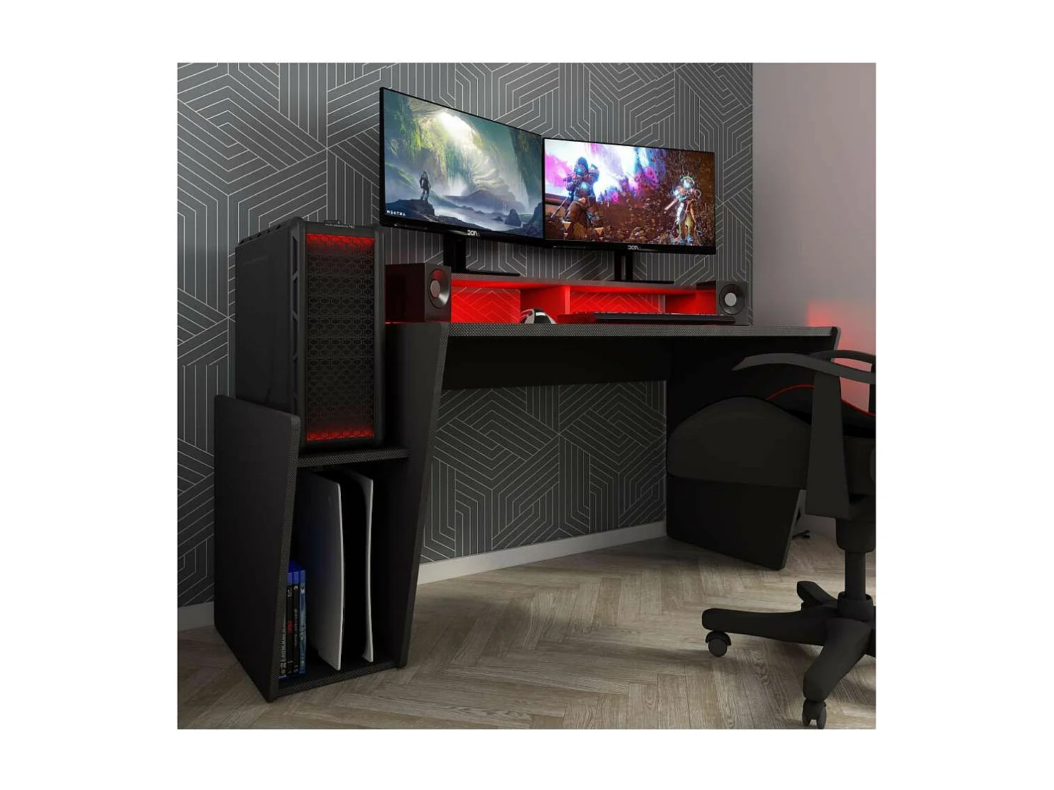 Mesa de escritorio gaming de 86x150x47 cm en color negro con almacenaje y luces LED Touma