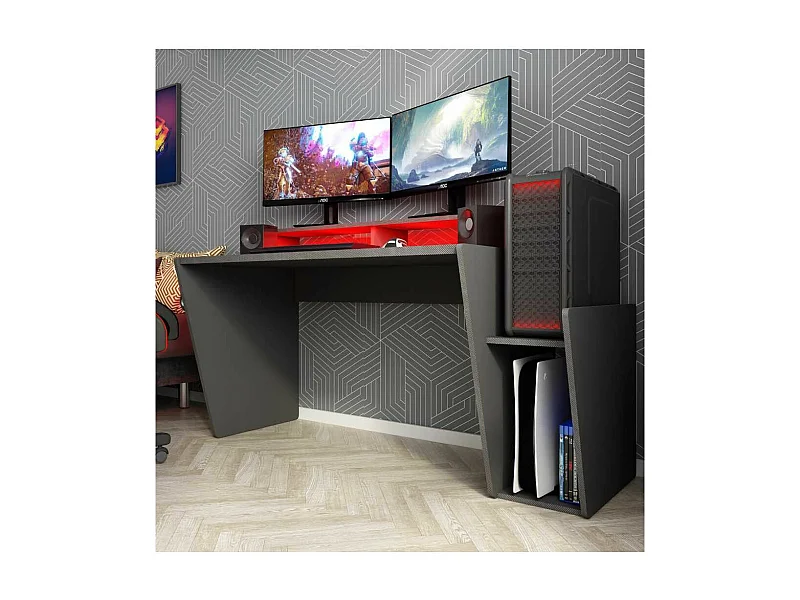 Mesa de escritorio gaming de 86x150x47 cm en color negro con almacenaje y luces LED Touma