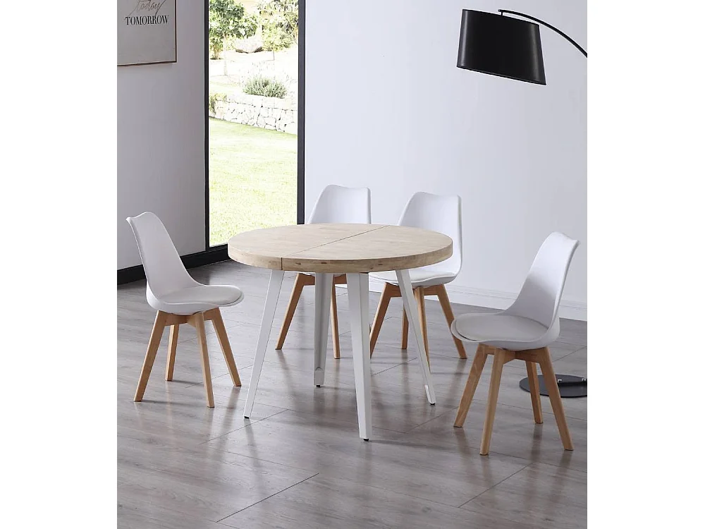 Mesa de comedor redonda extensible de 76x100x100-180 cm de madera y patas blancas Skadi