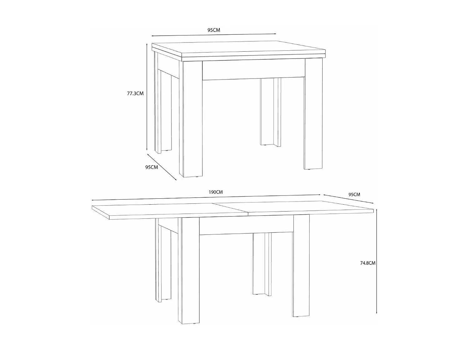 Mesa de comedor o cocina cuadrada extensible de 77x95-190x95 cm en color marrón Luter