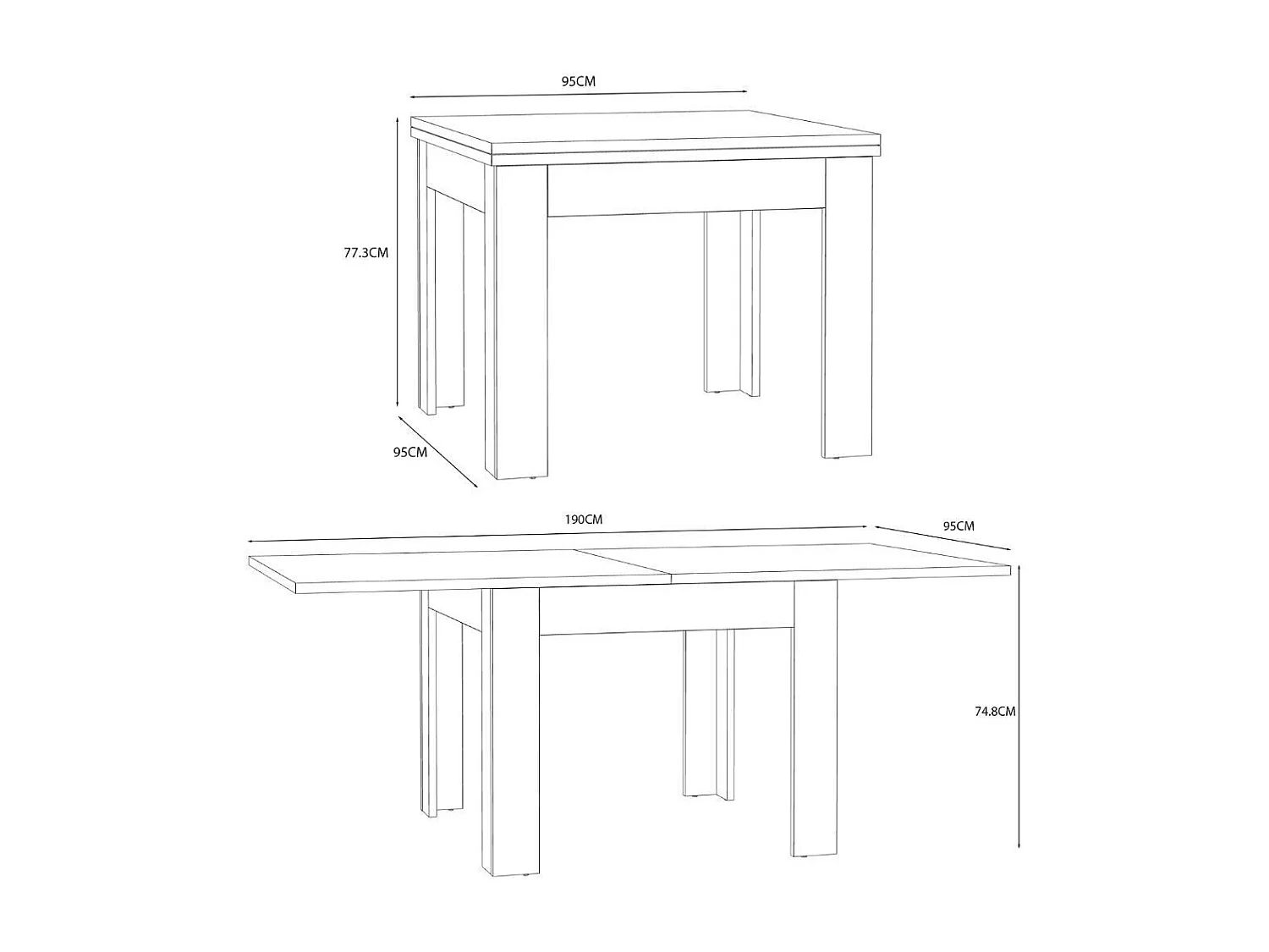 Mesa de comedor o cocina cuadrada extensible de 77x95-190x95 cm en color blanco Luter