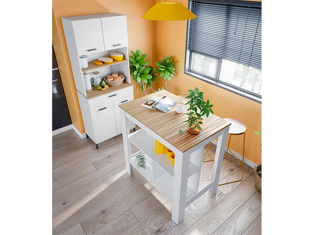 Mesa alta de cocina de 105x103x67 cm con sobre en color beige y patas blancas Edith