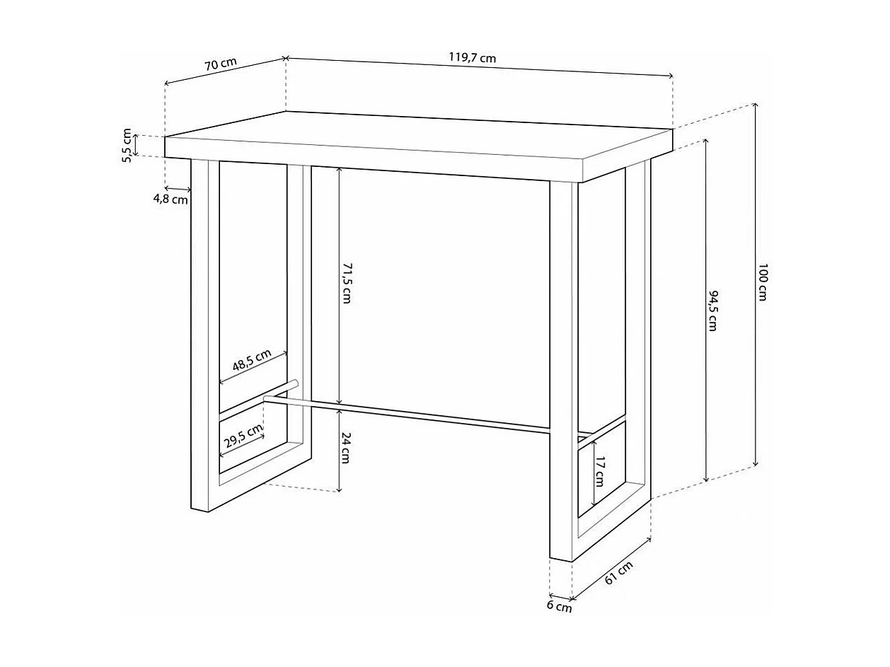 Mesa alta rectangular de 100x120x70 cm de madear en color marrón con patas negras Darek
