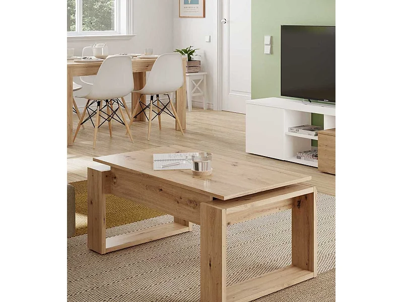 Mesa de centro elevable de 45x105x55 cm rectangular con almacenaje en color beige Keila