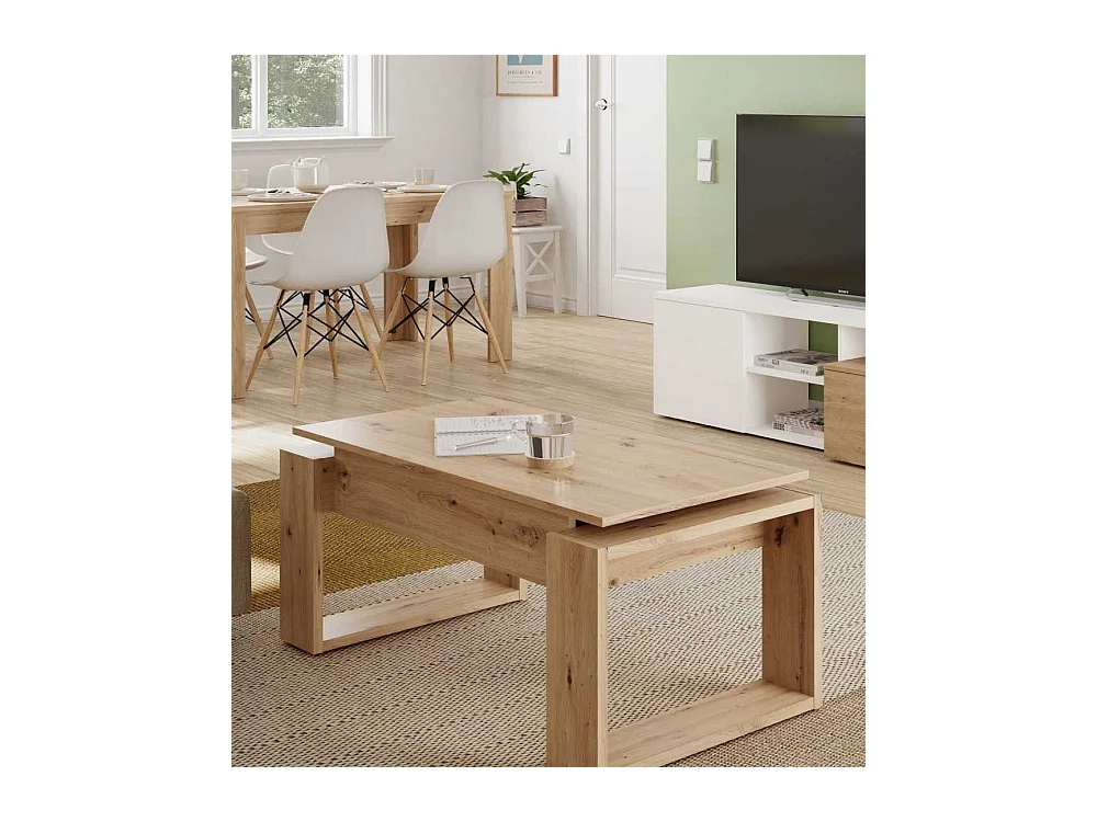 Mesa de centro elevable de 45x105x55 cm rectangular con almacenaje en color beige Keila