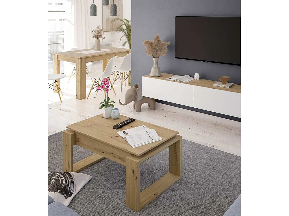 Mesa de centro elevable de 45x105x55 cm rectangular con almacenaje en color beige Keila