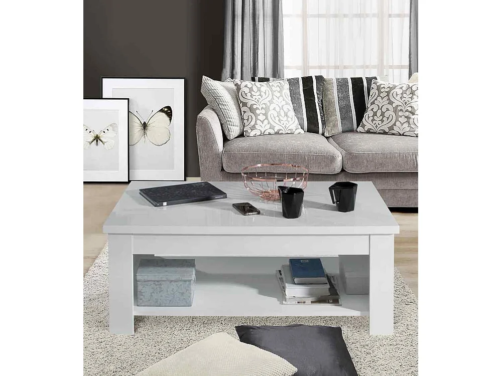 Mesa de centro elevable de 45-66x110x65 cm de mader en color blanco con almacenaje Dumi