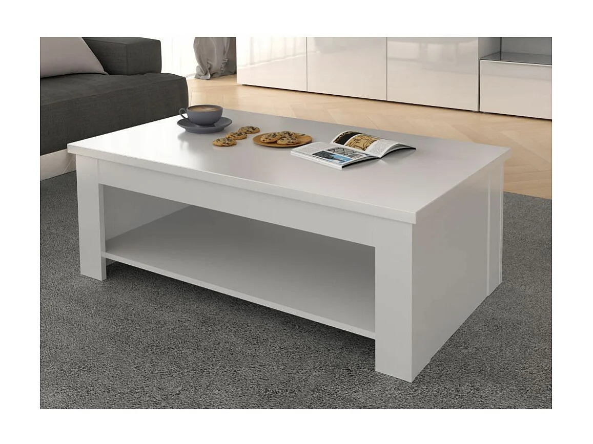 Mesa de centro elevable de 45-66x110x65 cm de mader en color blanco con almacenaje Dumi