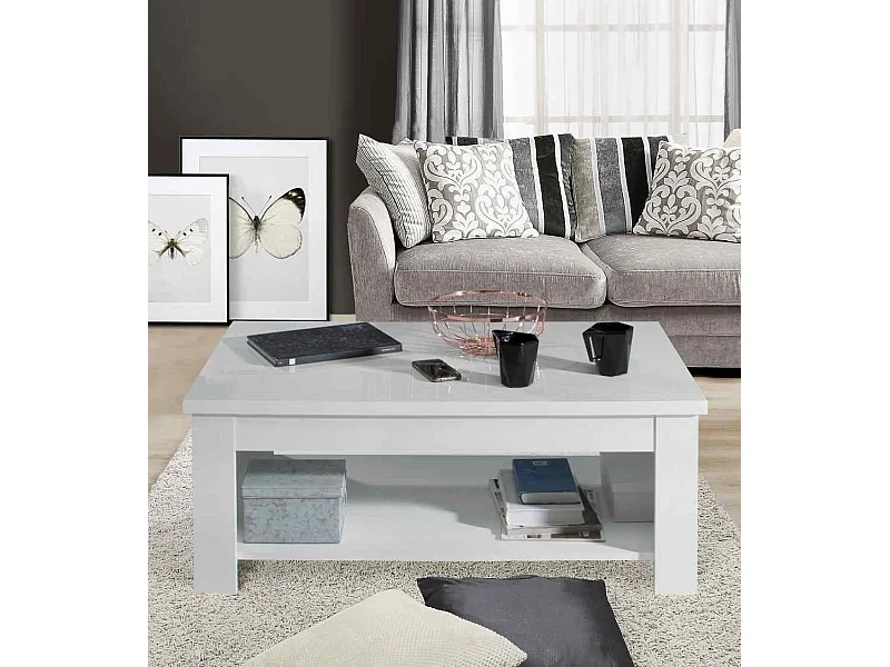 Mesa de centro elevable de 45-66x110x65 cm de mader en color blanco con almacenaje Dumi