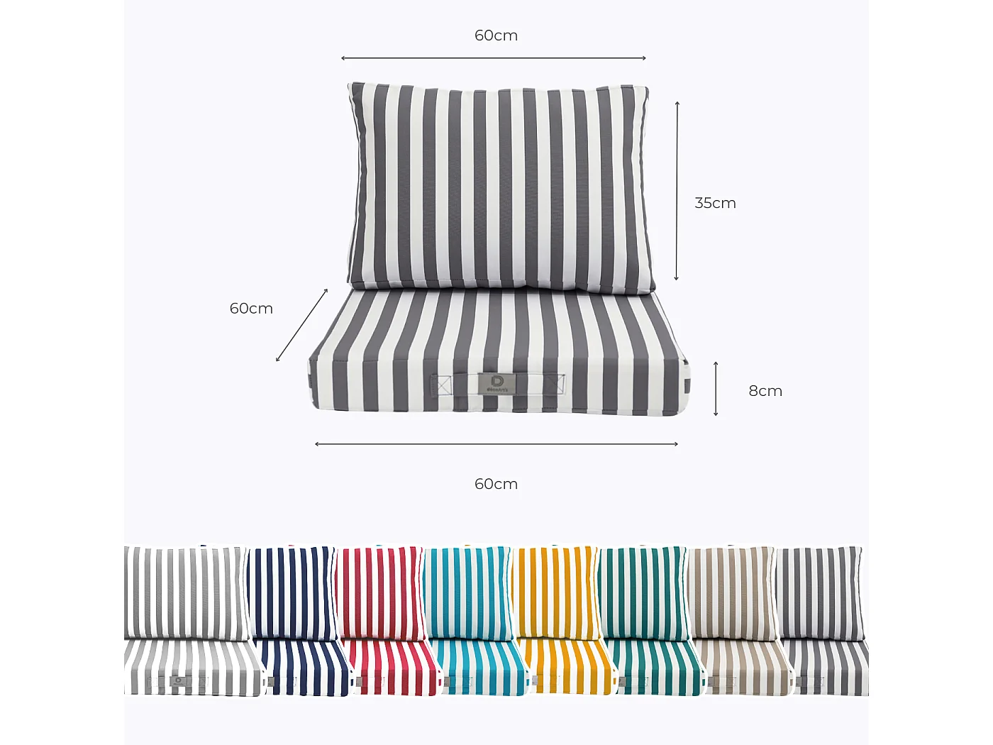 Coussins pour salon de jardin déhoussable 60x60cm - Rayure Gris foncé