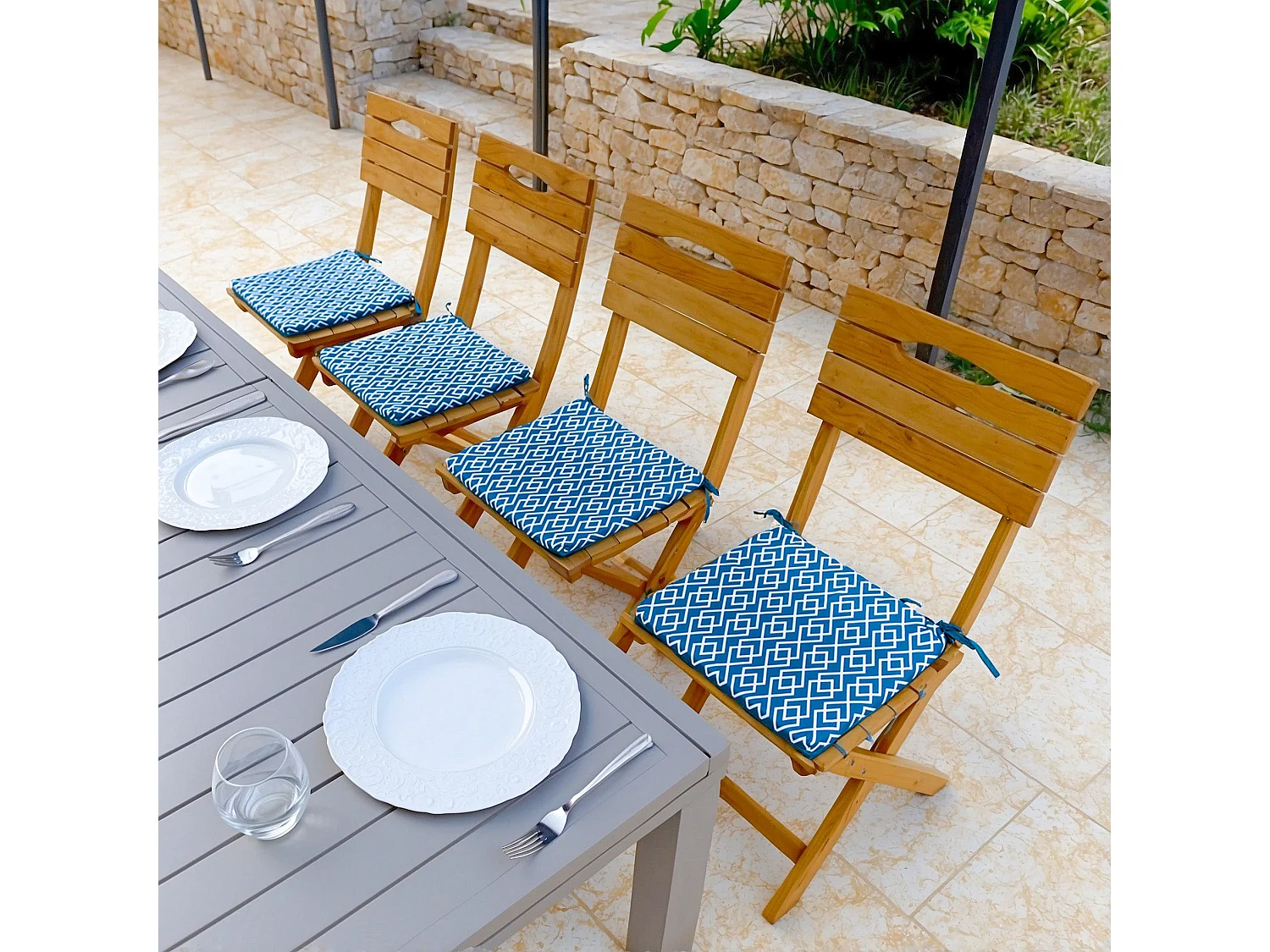 Lot de 4 Galettes de Chaise motif Géométrique Vert 35x35 cm