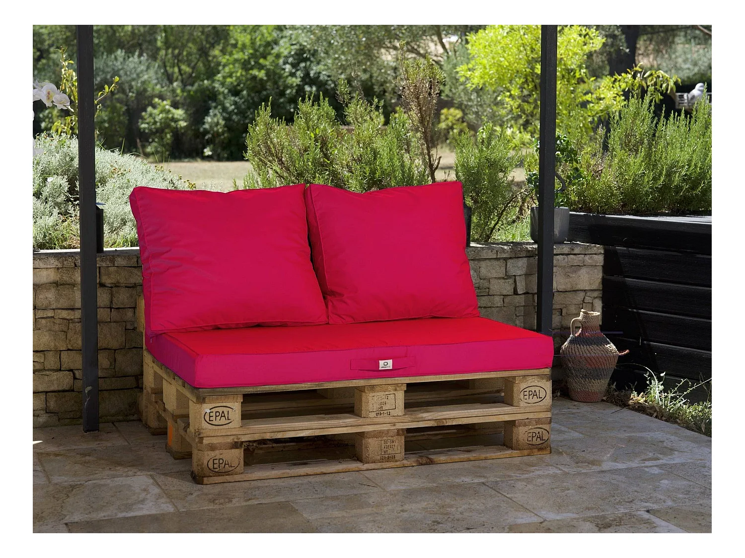 Lot matelas pour palette déhoussable avec assise de 120x80x10cm et dossier Rouge Piment