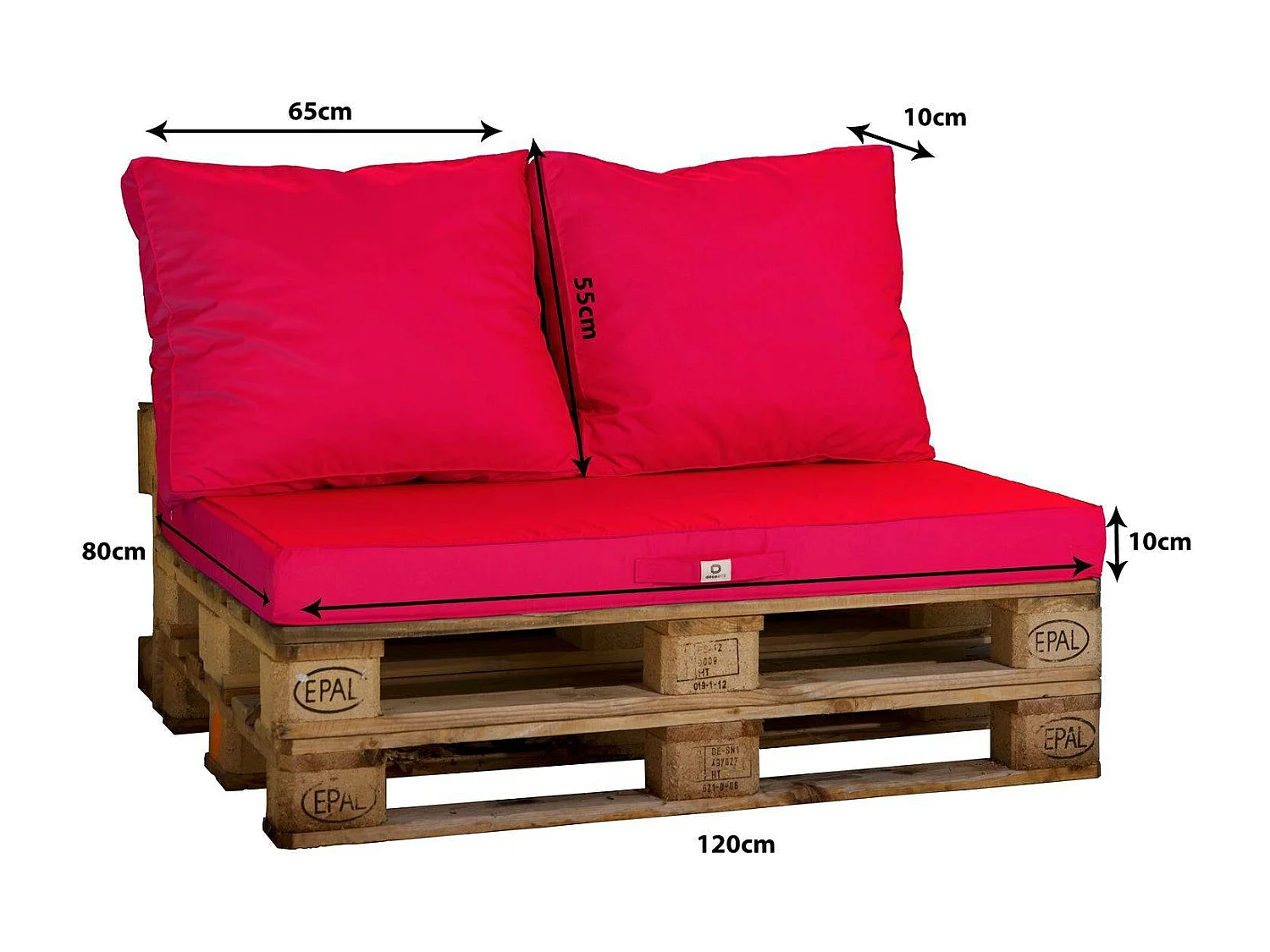 Lot matelas pour palette déhoussable avec assise de 120x80x10cm et dossier Rouge Piment