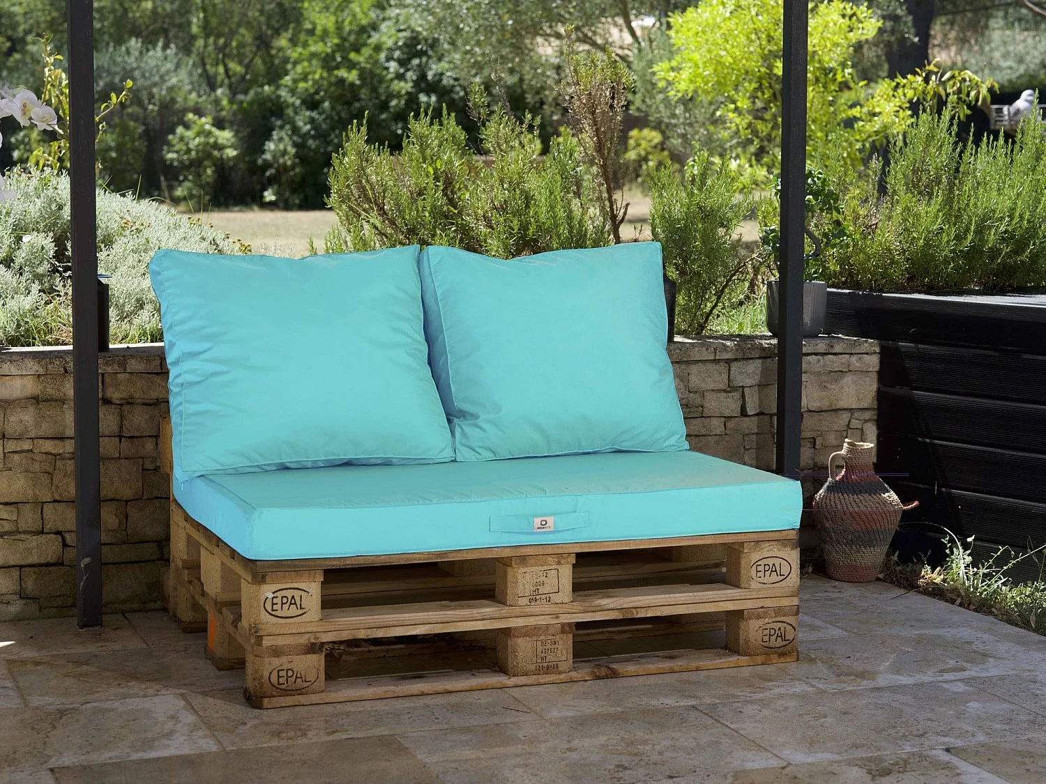 Lot matelas pour palette déhoussable avec assise de 120x80x10cm et dossier Bleu Caraibes