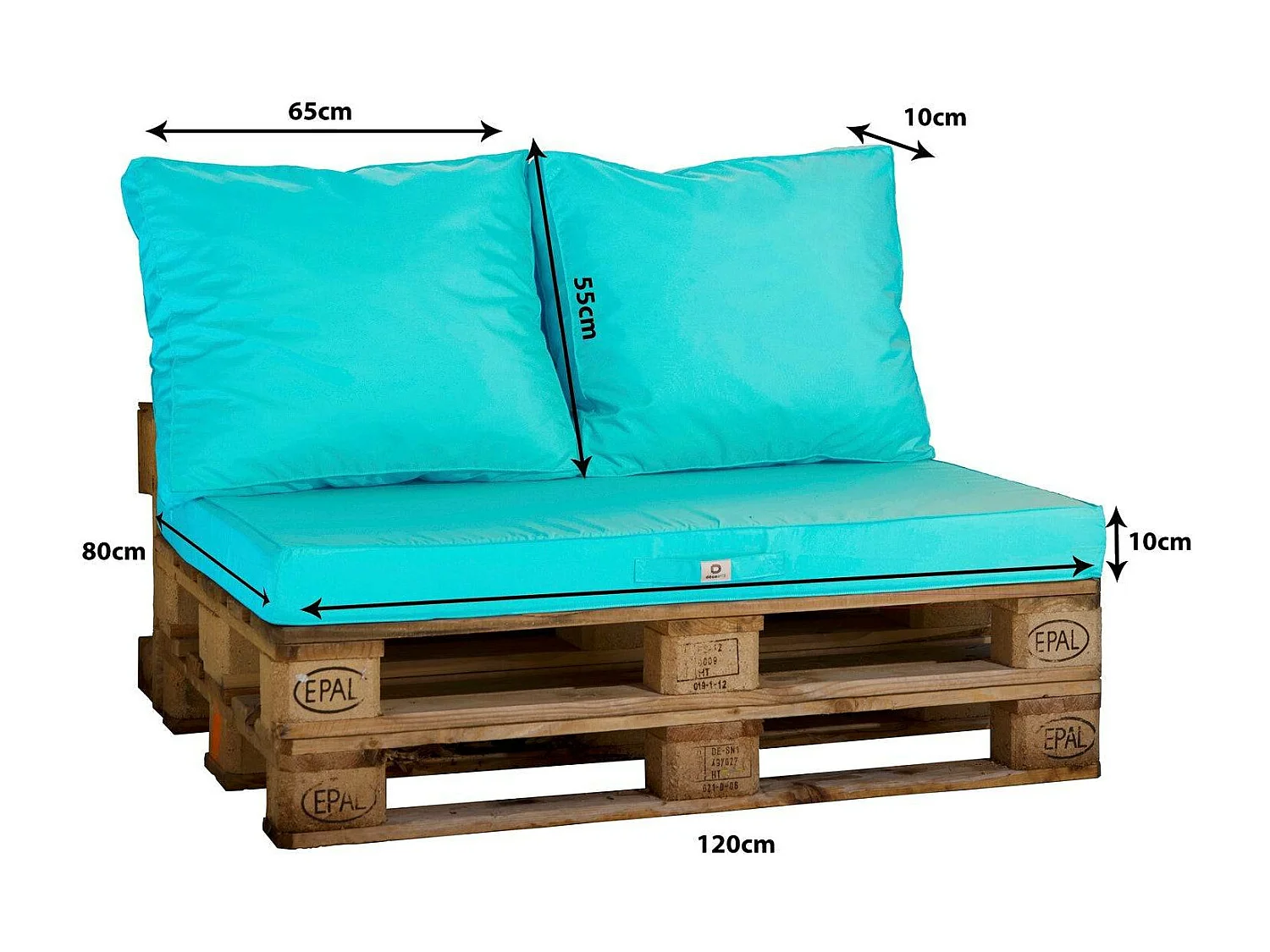 Lot matelas pour palette déhoussable avec assise de 120x80x10cm et dossier Bleu Caraibes