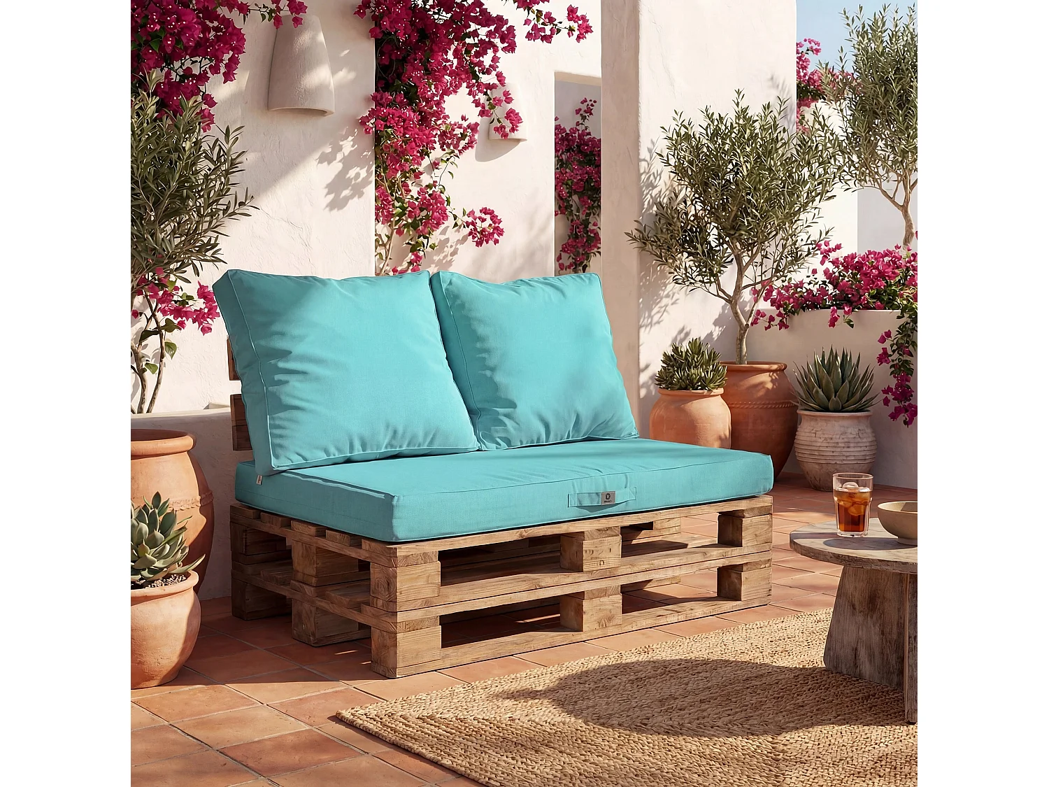 Lot de 3 coussins pour palette déhoussables en polyester bleu