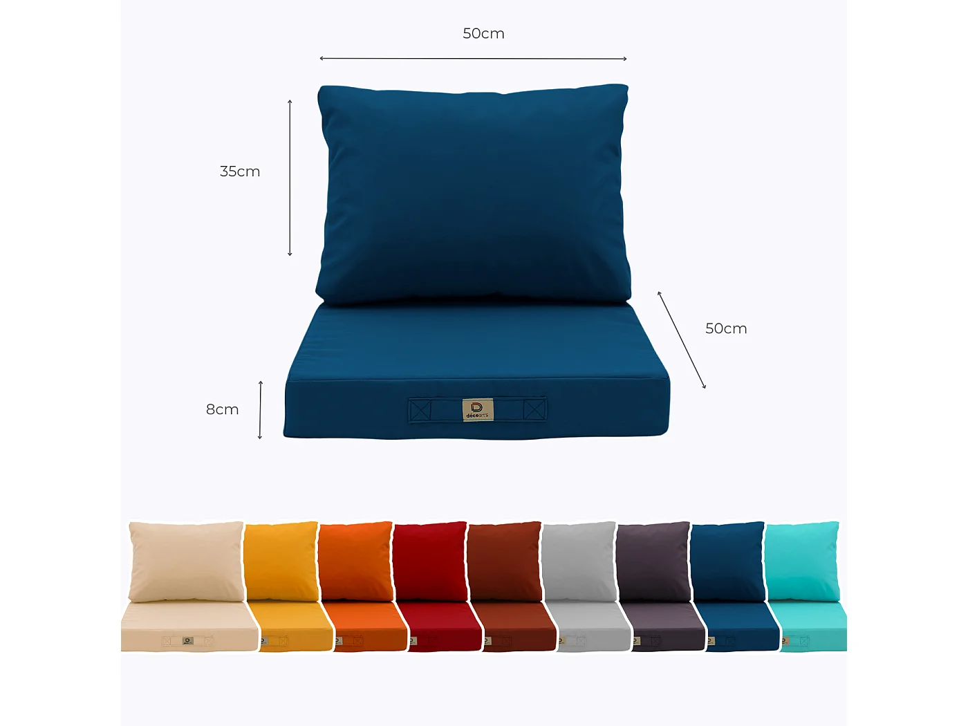 Coussins pour salon de jardin déhoussable 50x50cm Bleu pétrole