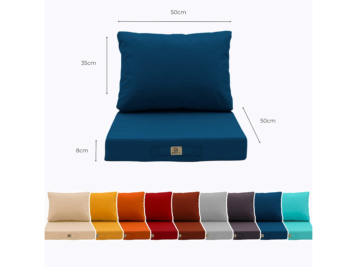 Coussins pour salon de jardin déhoussable 50x50cm Bleu pétrole