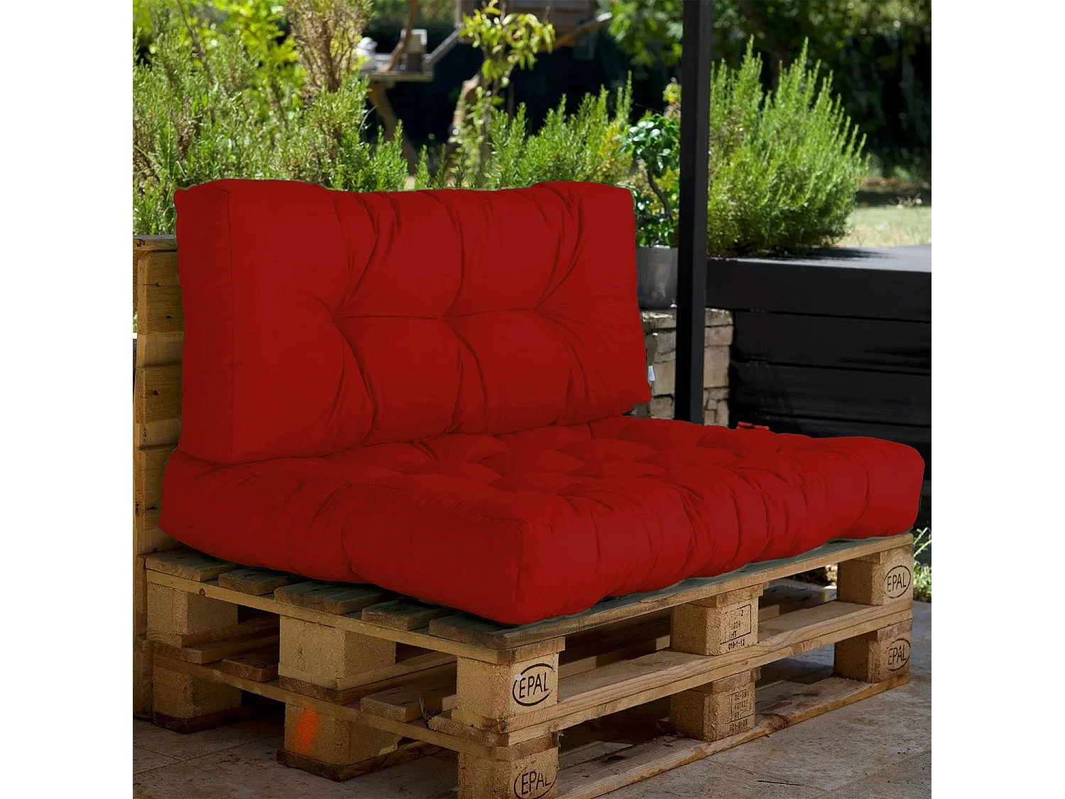 Lot coussins extérieur pour palette rouge piment 120x80 Imperméables Anti-UV DECOARTS