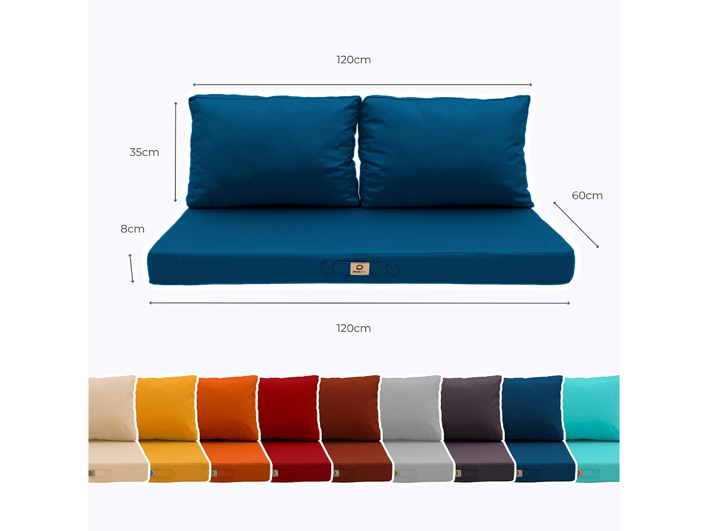 Coussins pour salon de jardin déhoussable 120x60cm Bleu pétrole