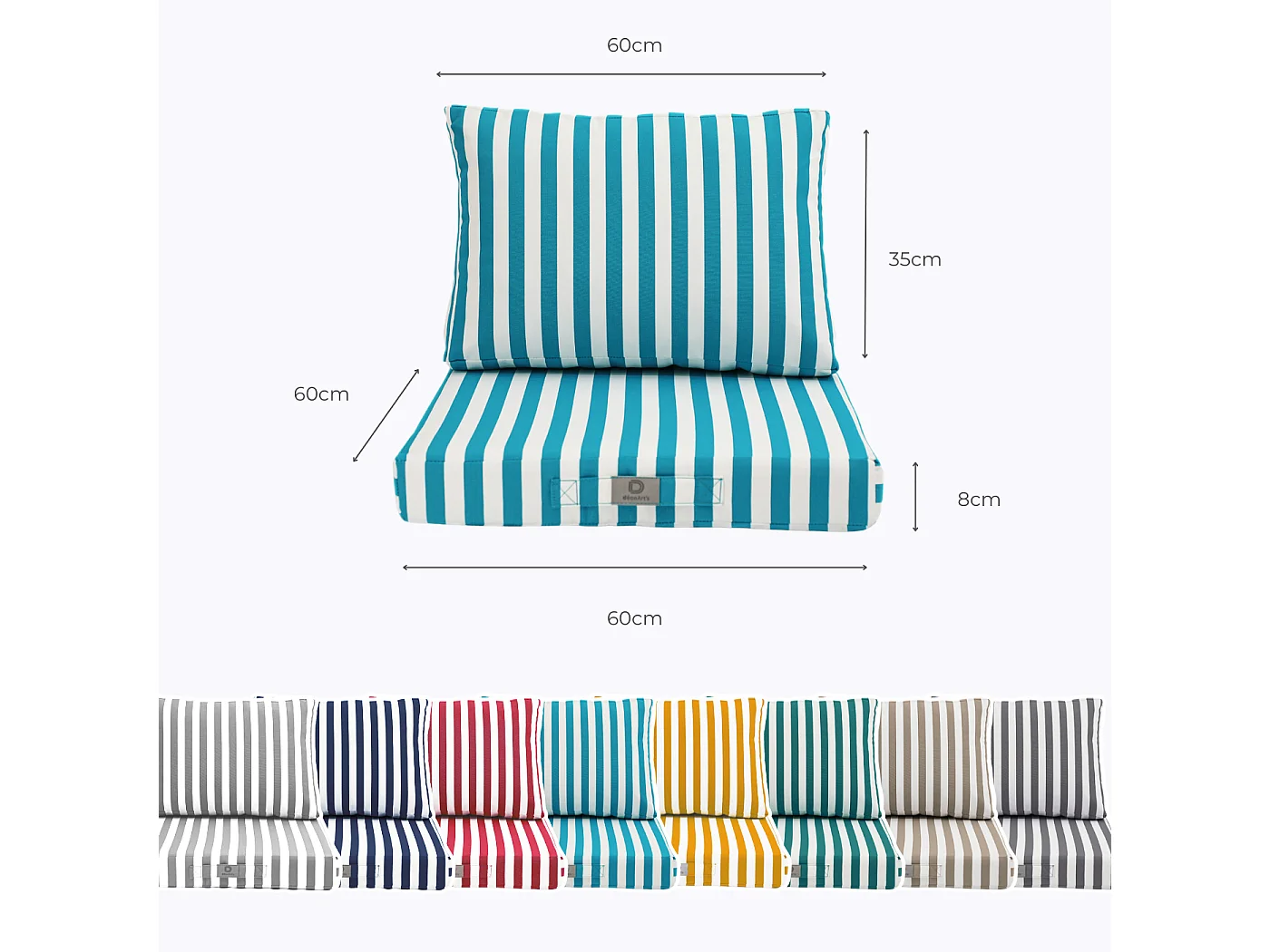 Coussins pour salon de jardin déhoussable 60x60cm Rayure turquoise