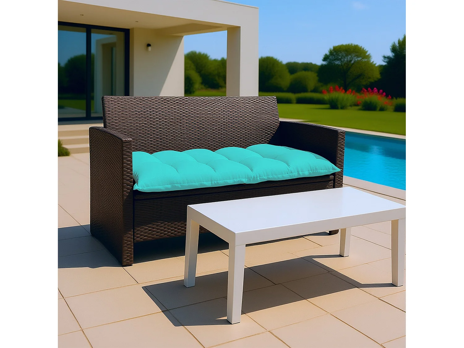 Coussin capitonné Confort Intérieur Extérieur 120x60cm - Bleu Caraïbes