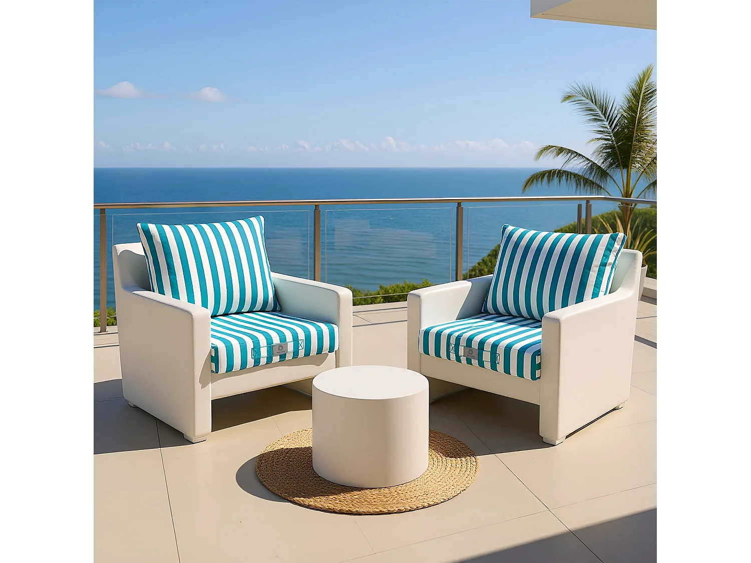 Coussins pour salon de jardin déhoussable 50x50cm - Rayure Turquoise