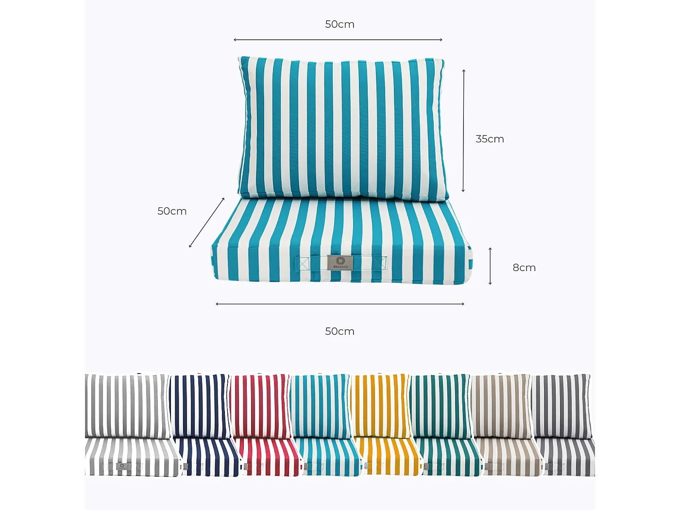 Coussins pour salon de jardin déhoussable 50x50cm Rayure turquoise