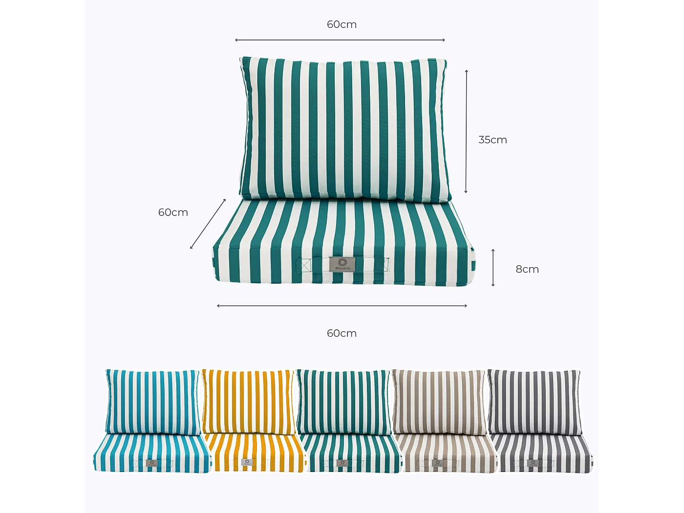 Coussins pour salon de jardin déhoussable 60x60cm - Rayure Vert