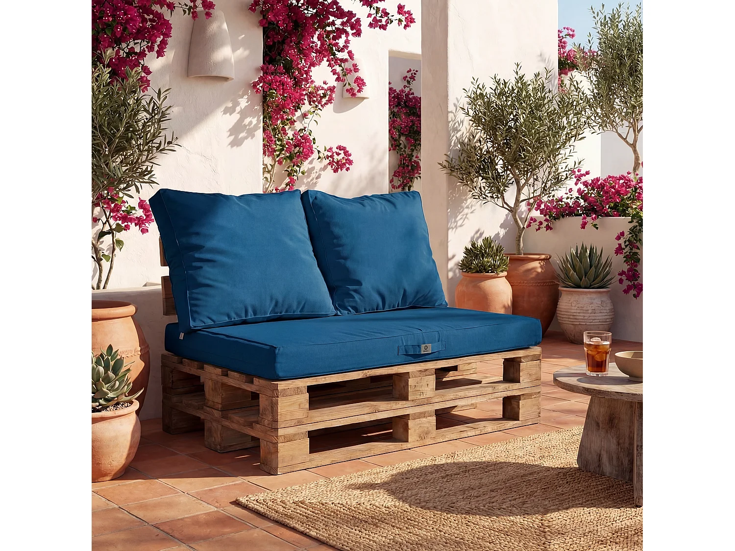 Lot de 3 coussins pour palette déhoussables en polyester bleu