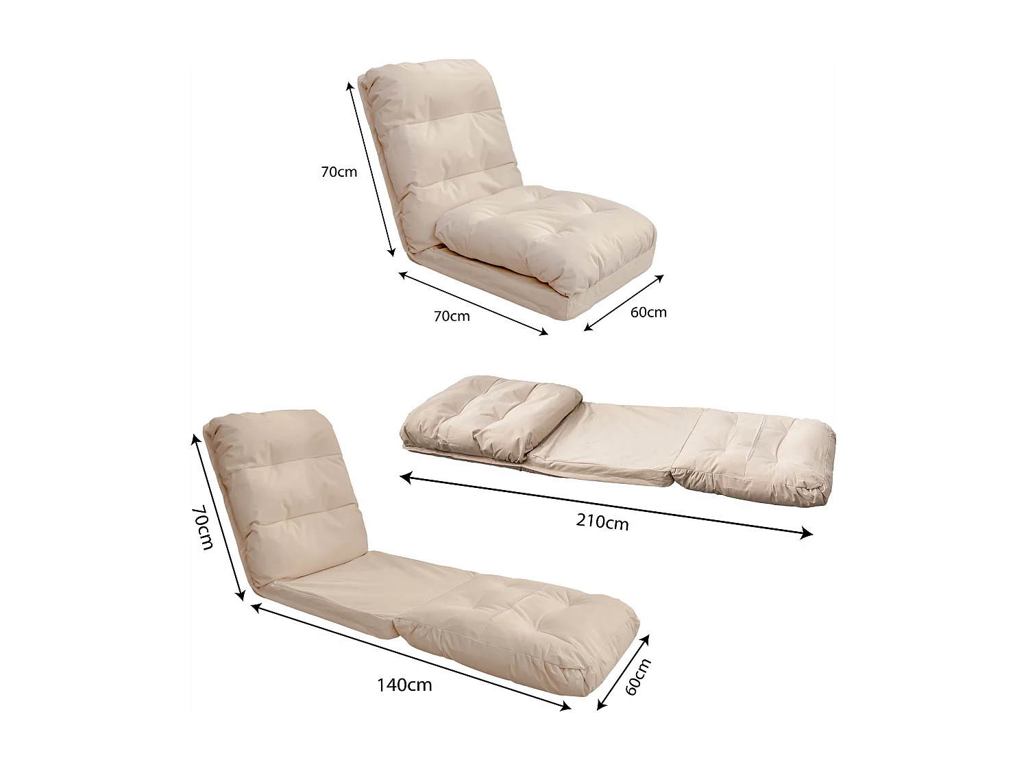Fauteuil Convertible avec Dossier Réglable à 6 Positions Beige