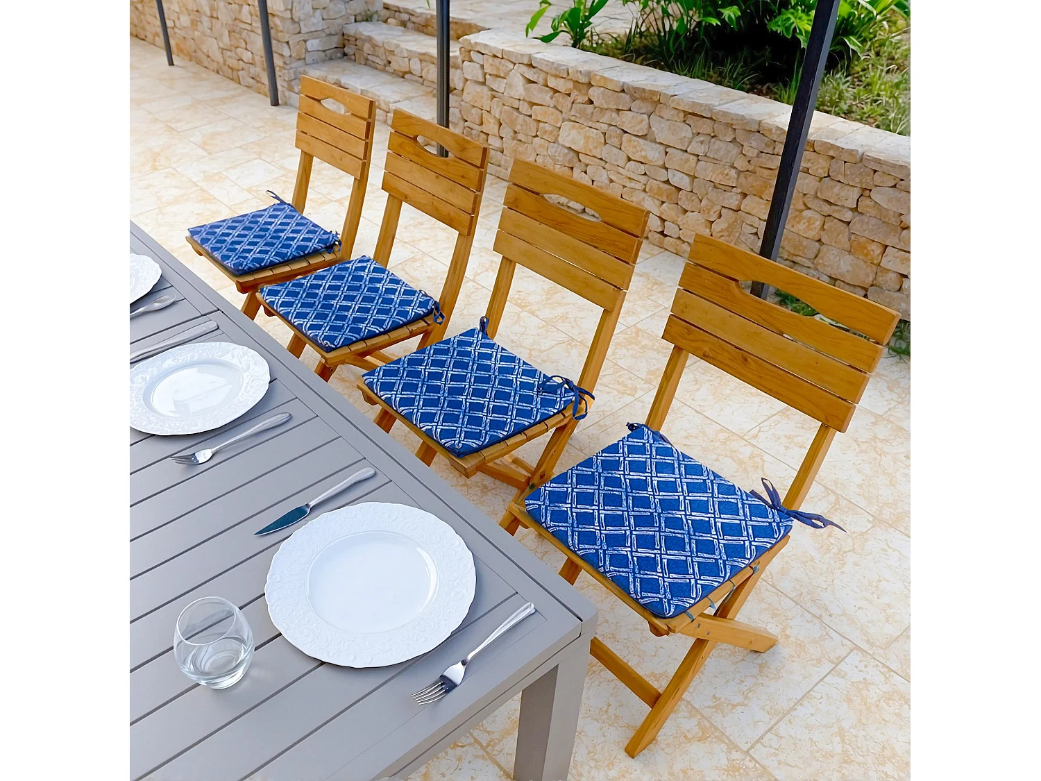 Lot de 4 Galettes de Chaise motif Nautique Bleu 35x35 cm